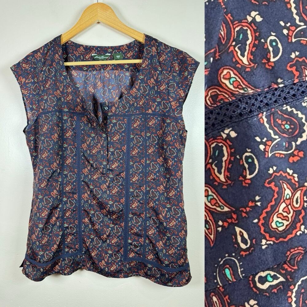 Women's Navy Paisley Cap-Sleeve Blouse